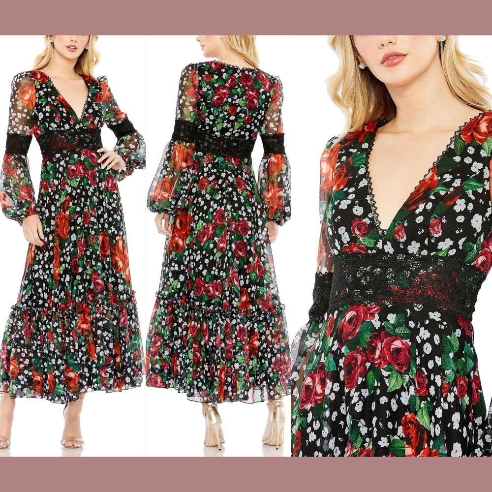 NWT $598 Mac Duggal [ 16 ] V Neck Floral Long Puff‎ Sleeve Ruffle Dress #G1686